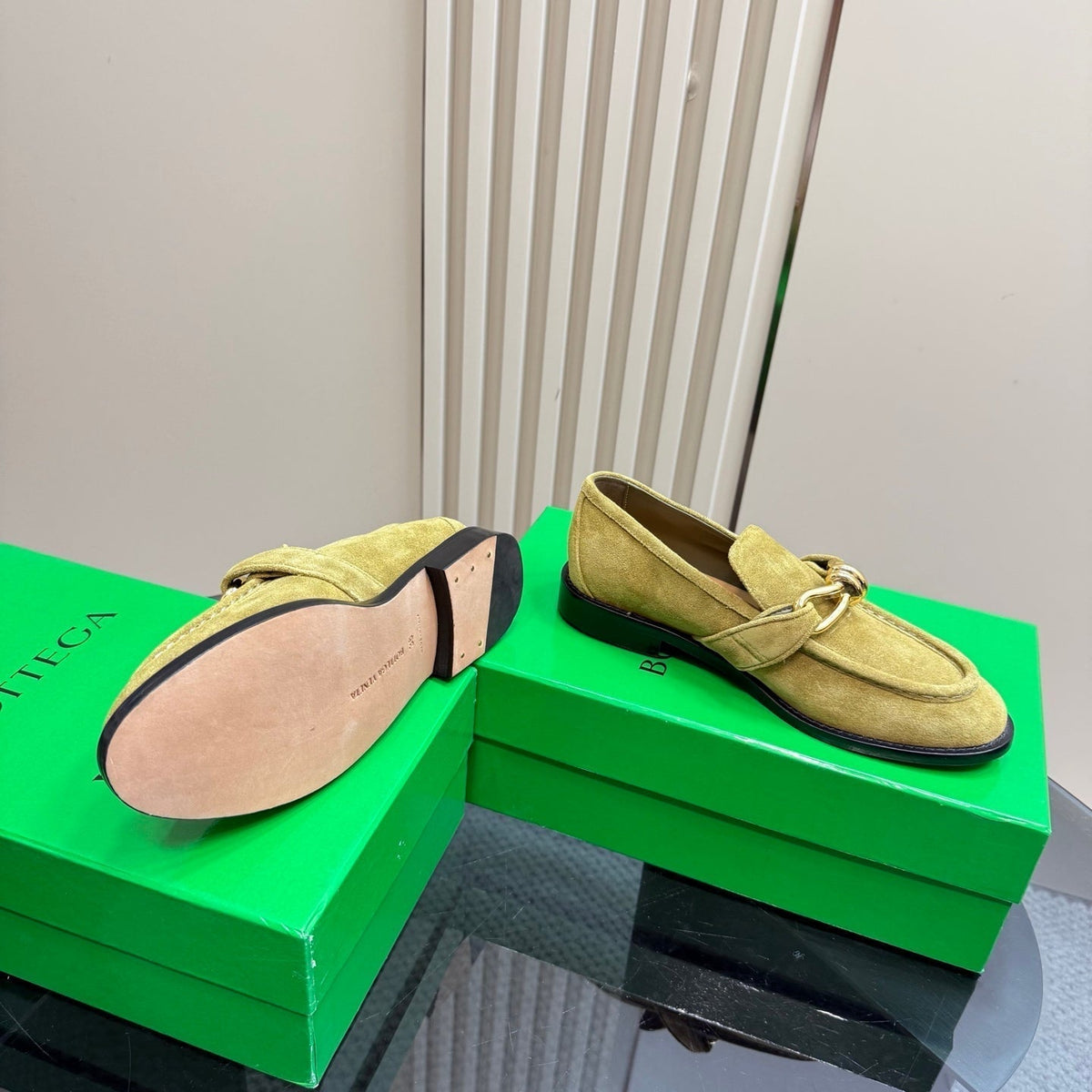 ASTAIRE LOAFER IN OLIVE GREEN SUEDE WITH GOLD HARDWARE