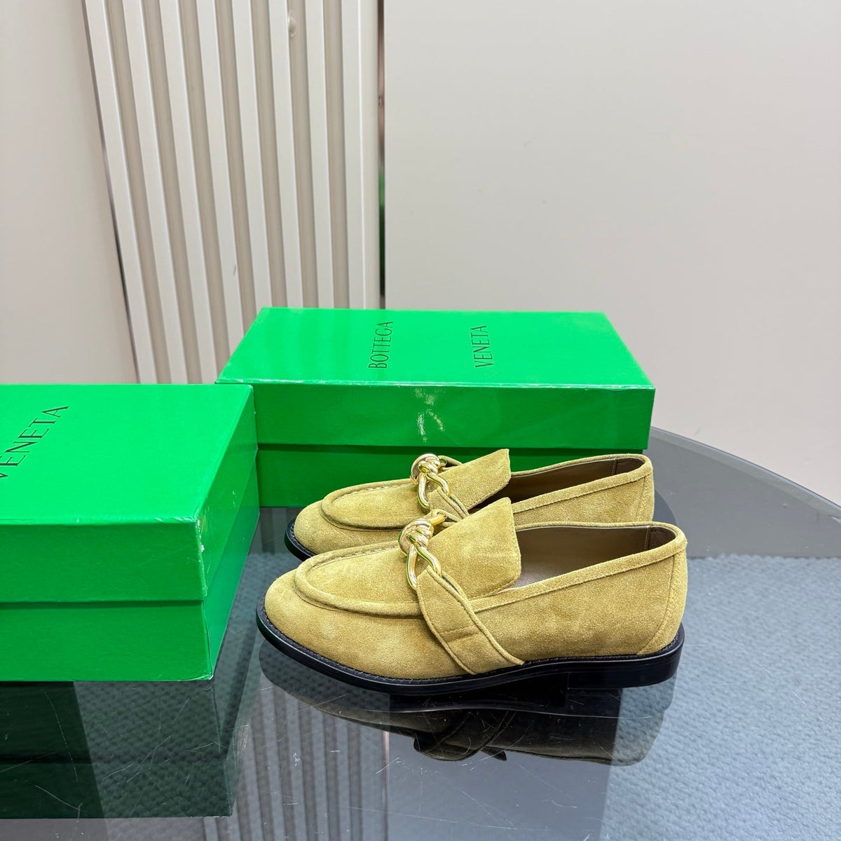 ASTAIRE LOAFER IN OLIVE GREEN SUEDE WITH GOLD HARDWARE
