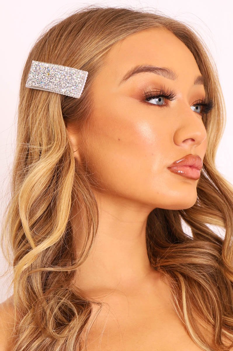 Silver Diamante Rectangle Hair Slide - Nini