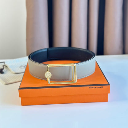TUBE H BELT BUCKLE & REVERSIBLE KHAKI BROWN AND BLACK LEATHER STRAP 38MM GOLD HARDWARE
