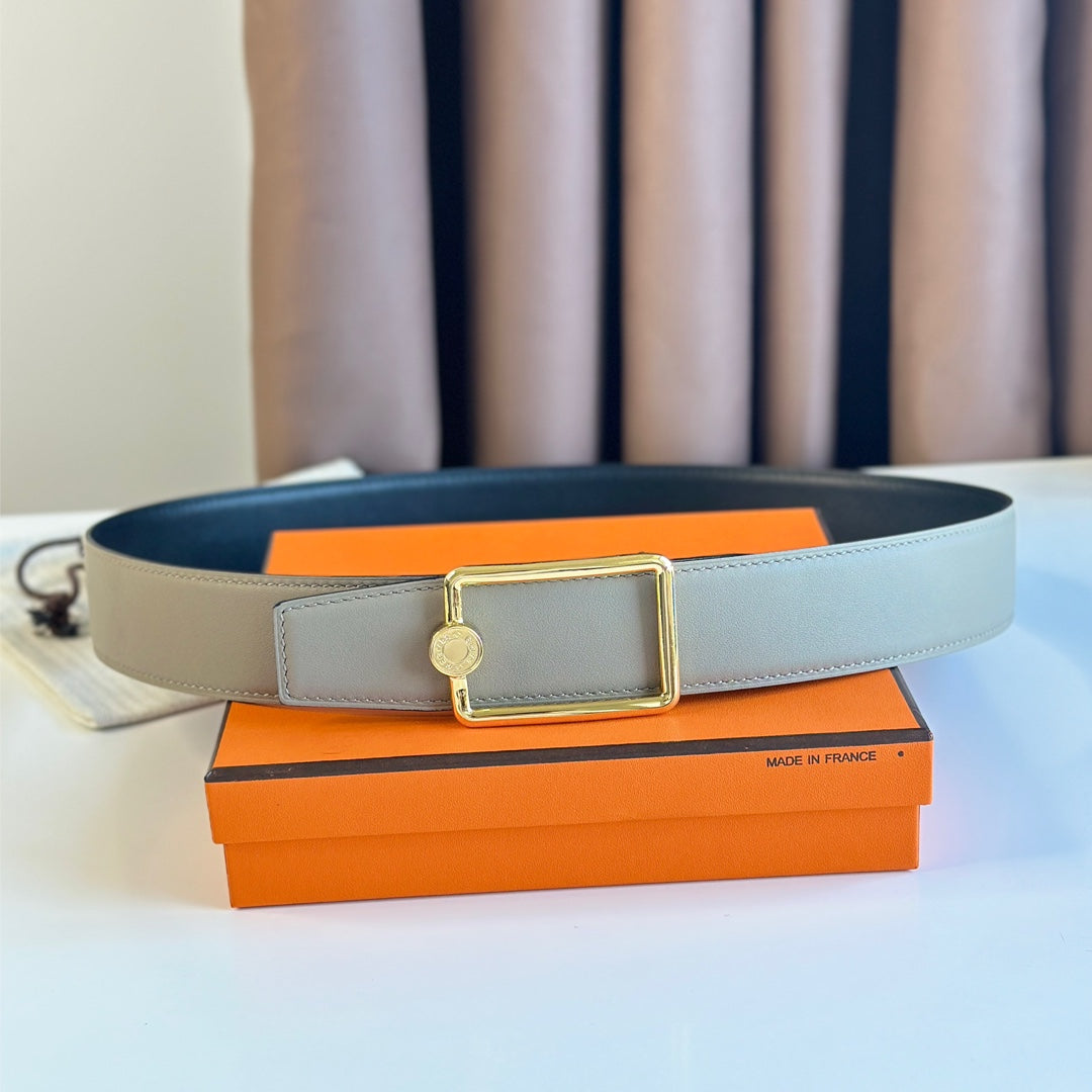 TUBE H BELT BUCKLE & REVERSIBLE KHAKI BROWN AND BLACK LEATHER STRAP 38MM GOLD HARDWARE