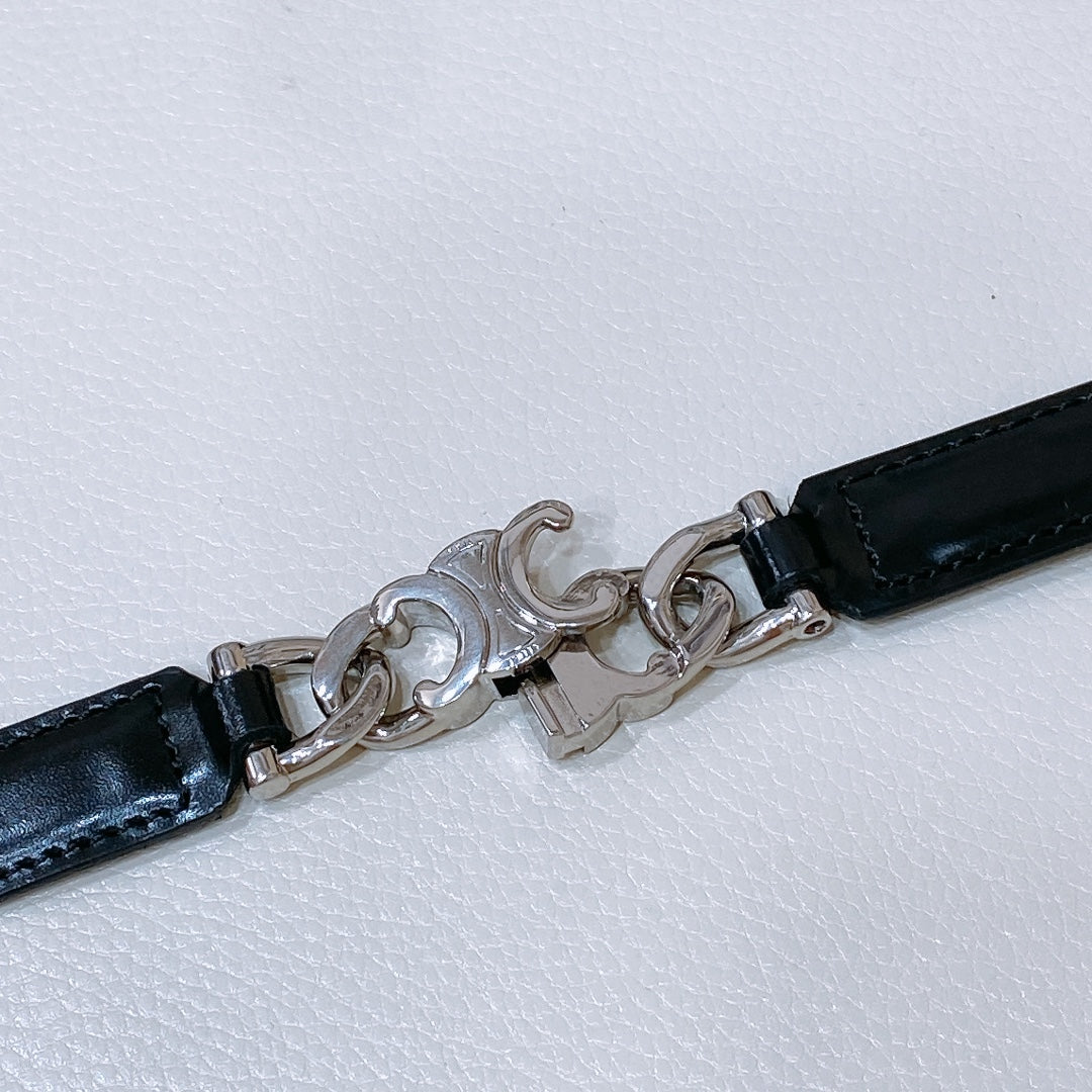 SMALL 18 MM GOURMETTE TRIOMPHE ADJUSTABLE BELT IN BLACK LEATHER SILVER HARDWARE