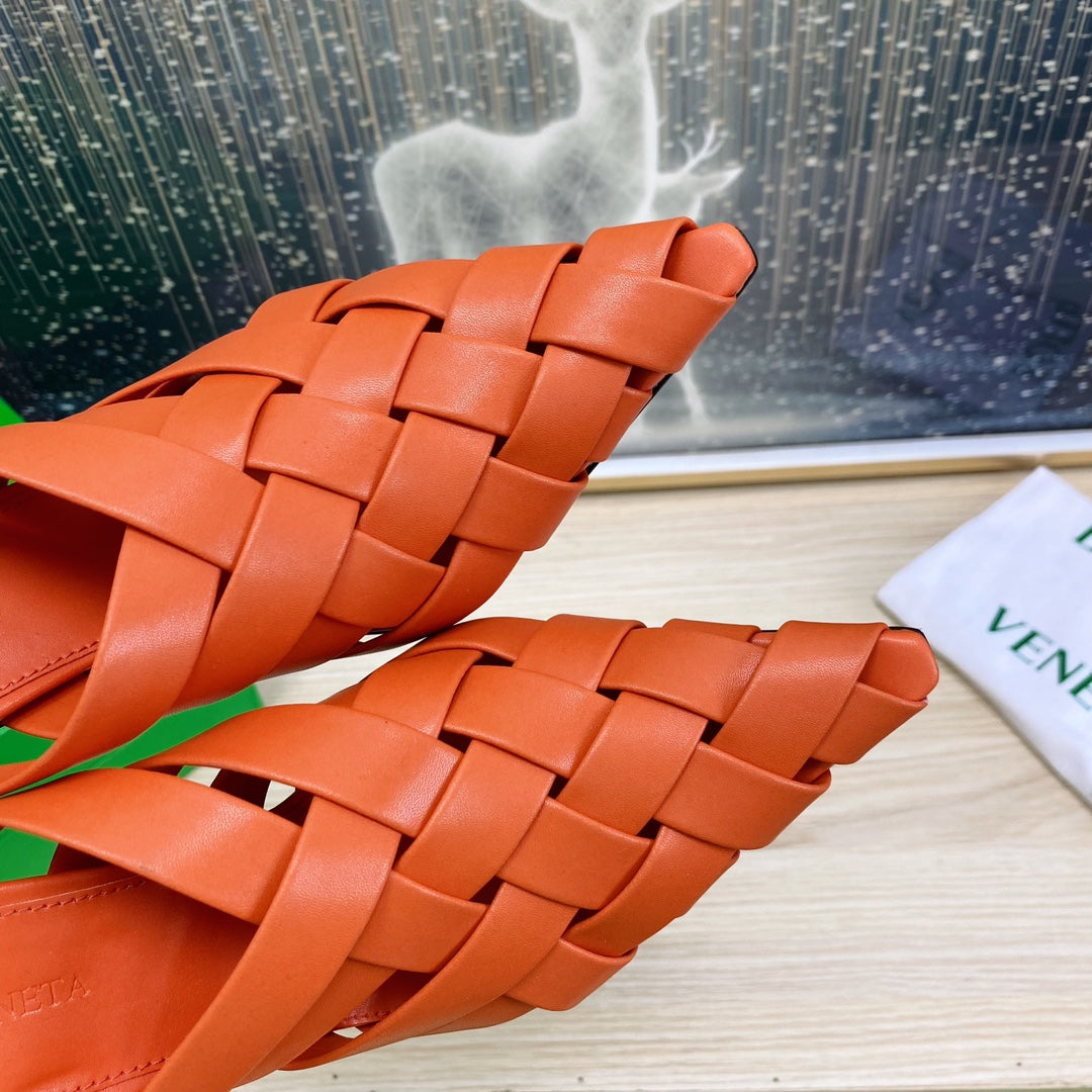 ALFIE LEATHER HIGH MULES IN VIVID ORANGE CALFSKIN WITH WOVEN DESIGN