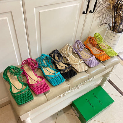 STRETCH LACE-UP FLAT SANDAL IN COOL GREEN METALLIZED MESH AND LEATHER