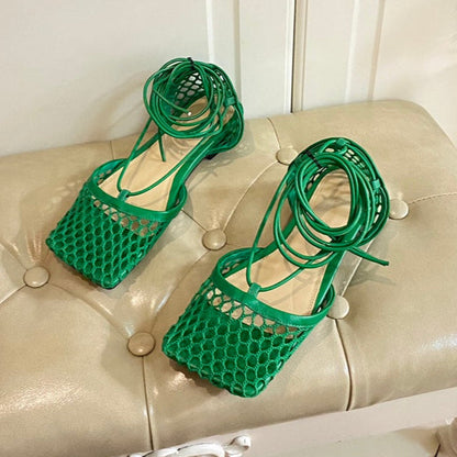 STRETCH LACE-UP FLAT SANDAL IN COOL GREEN METALLIZED MESH AND LEATHER