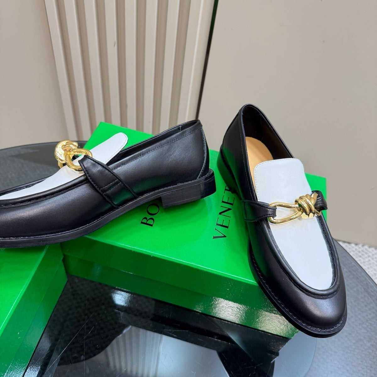 ASTAIRE LOAFER IN WHITE MIX BLACK CALFSKIN WITH GOLD HARDWARE