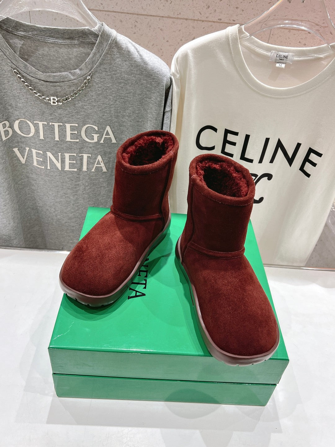 SNAP MINI ANKLE BOOTS IN JAM RED SUEDE AND SHEARLING LINING